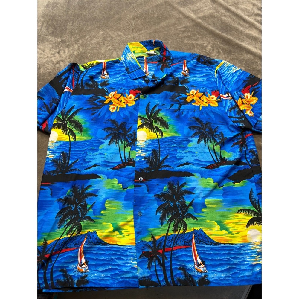 Rima Mens Tropical Hawaiian Shirt XL Sunset Palm Tree Sailboat Vacation